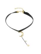 Shein Gold  Color Trendy Moon Star Pendant Black Leather Choker Necklaces