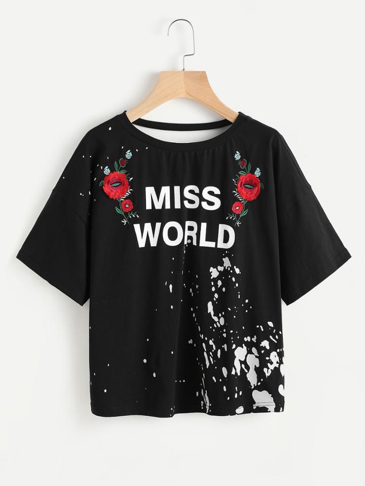 Shein Flower Embroidered Paint Splatter Print Cutout Back Tee