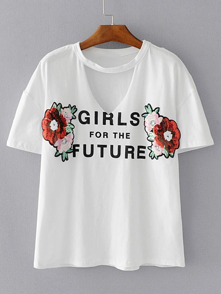 Shein V-cut Sequin Detail Tee