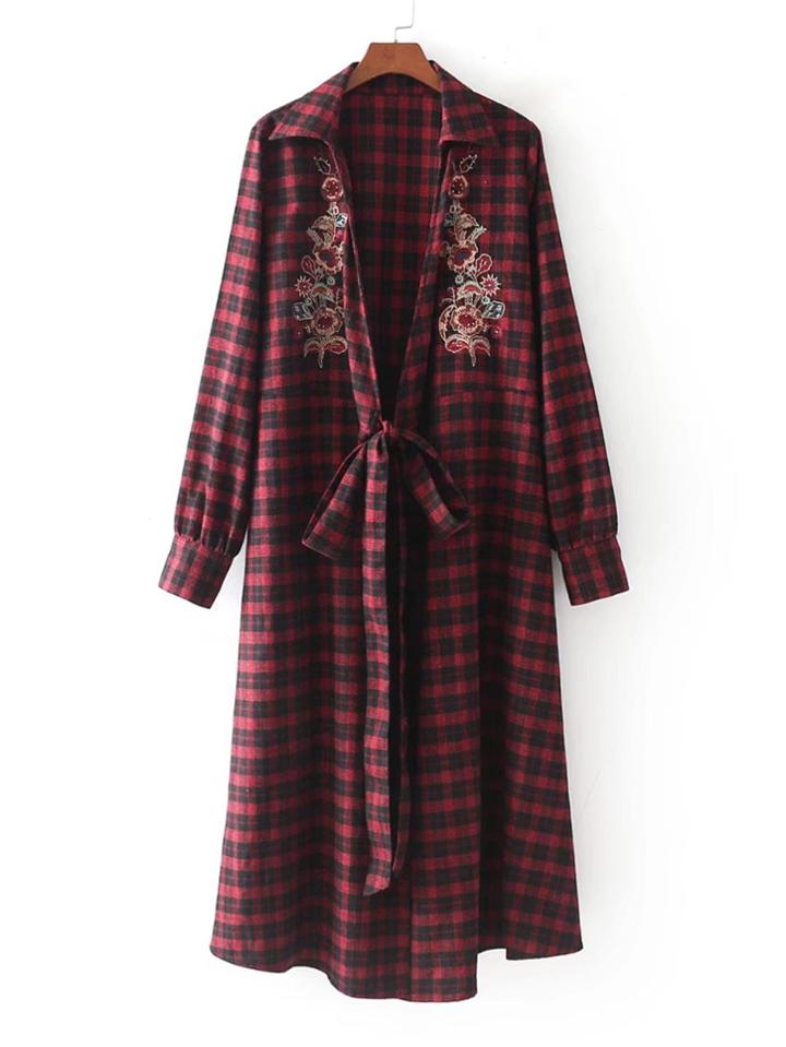 Shein Self Tie Embroidery Gingham Shirt Dress