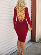 Shein Red Long Sleeve Lace Up Back Bodycon Dress