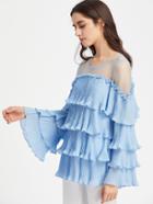 Shein Illusion Neck Trumpet Sleeve Pleated Tiered Top