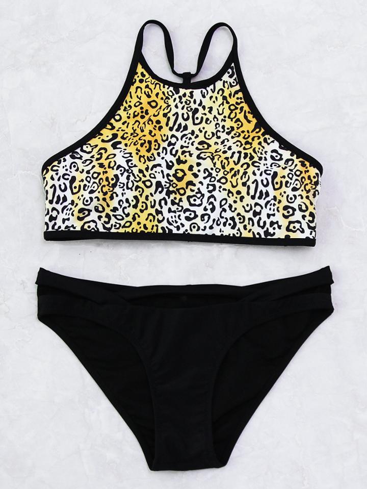 Shein Leopard Print Racer Front Mix And Match Bikini Set