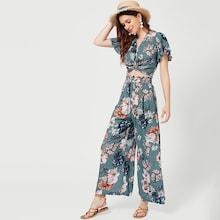 Shein Twist Front Botanical Print Crop Top & Pants Set