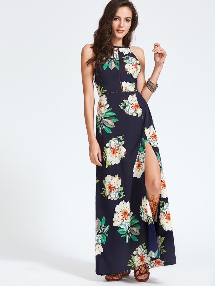 Shein Navy Florals Open Back Bow Tie Slit Hem Dress