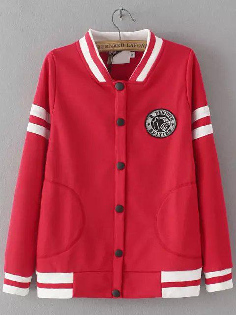 Shein Red Stand Collar Striped Badge Sweatshirt