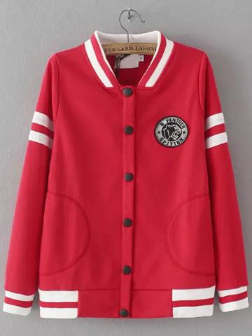 Shein Red Stand Collar Striped Badge Sweatshirt