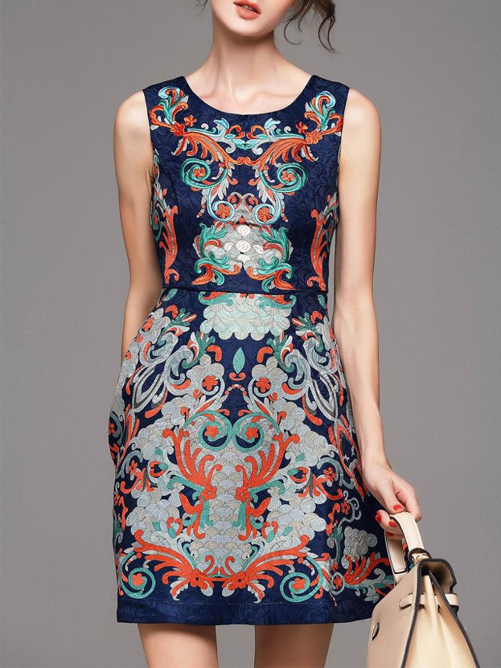 Shein Navy Jacquard Pockets A-line Dress