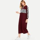 Shein Check Plaid Panel Drawstring Hoodie Dress