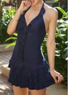 Rosewe Ruffled Navy Blue Cutout Back Halter Swimdress