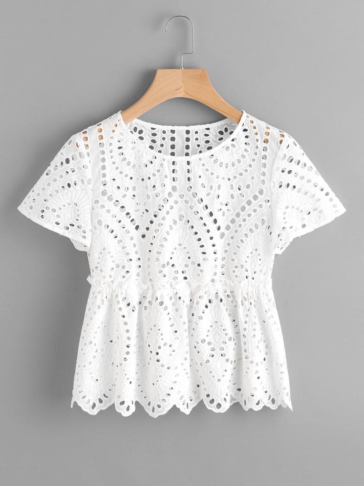 Shein Eyelet Embroidered Scallop Hem Top