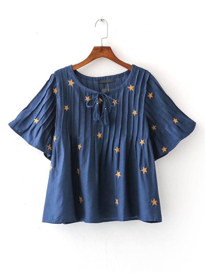 Shein Navy Bell Sleeve Self Tie Star Broomstick Blouse