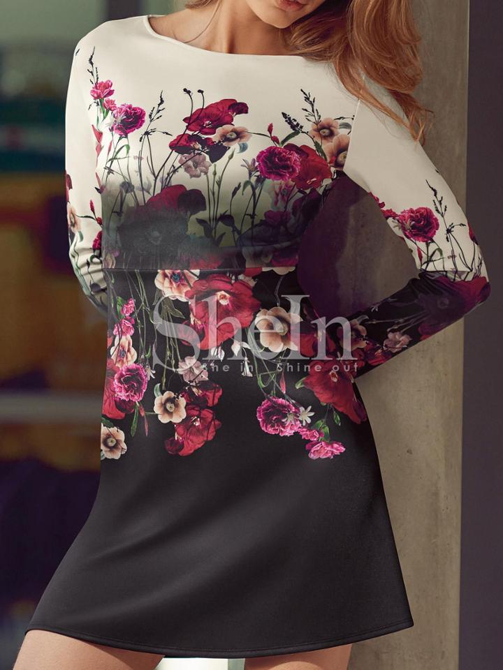 Shein White Black Round Neck Floral Dress