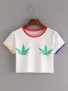 Shein Contrast Trim Leaf Print Crop T-shirt - White
