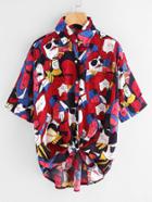 Shein Allover Printed Dip Hem Knot Front Shirt