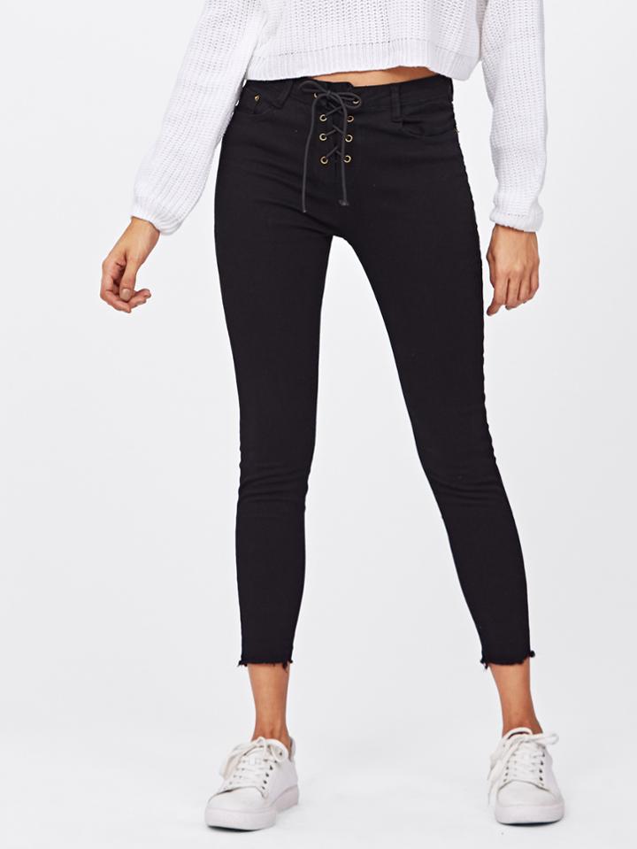 Shein Lace Up Frayed Hem Skinny Jeans