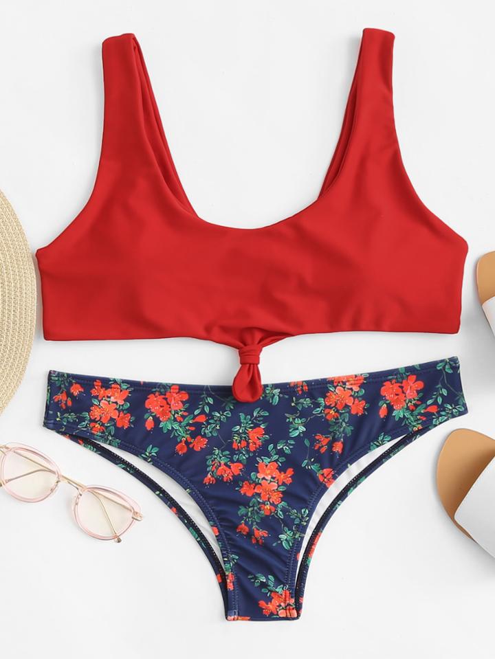 Shein Botanical Print Knot Front Bikini Set