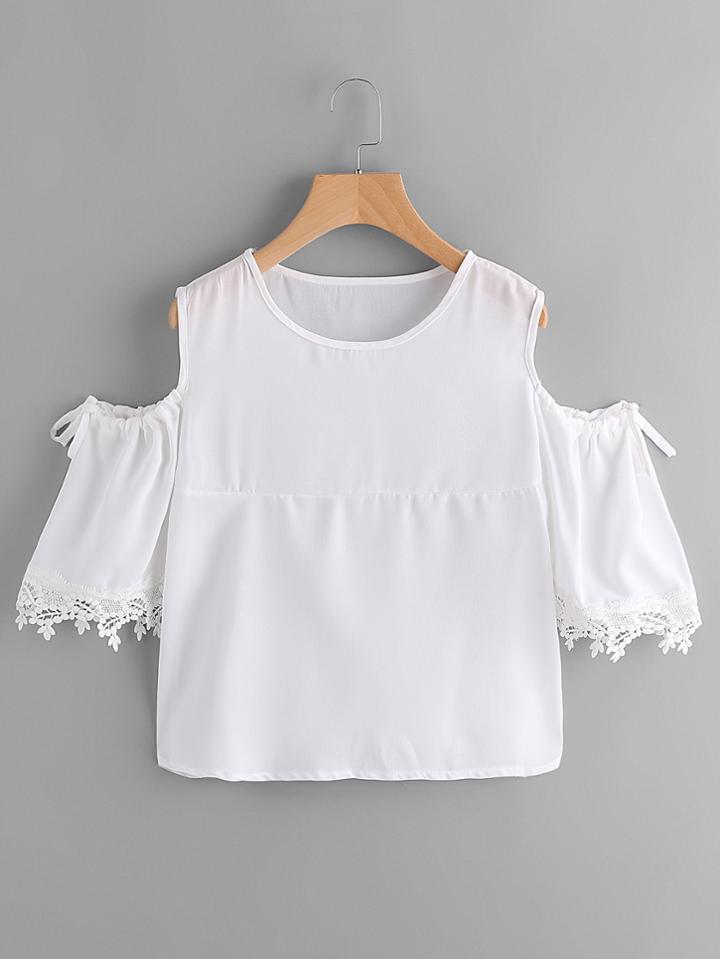 Shein Open Shoulder Lace Trim Blouse
