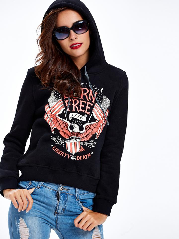Shein Black Hooded American Flag And Bald Eagle Print Sweatshirt