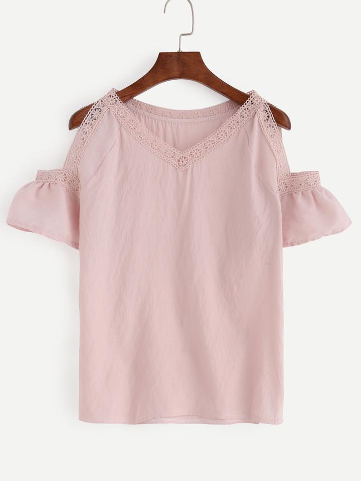 Shein Pink Crochet Trim Open Shoulder Ruffle Sleeve Blouse