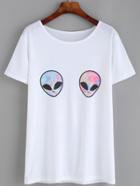 Shein White Aliens Print T-shirt