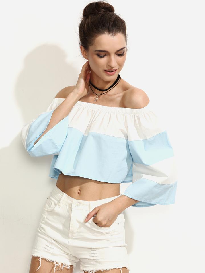 Shein Colorblock Off The Shoulder Crop Blouse