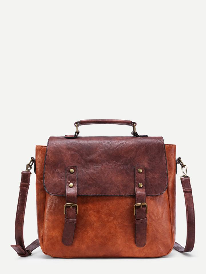 Shein Two Tone Double Buckle Pu Messenger Bag