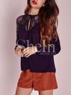 Shein Purple Long Sleeve With Lace Blouse