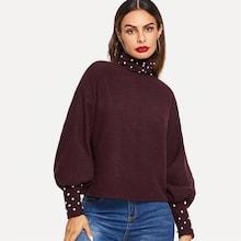 Shein High Neck Lantern Sleeve Pearl Beading Pullover