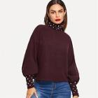 Shein High Neck Lantern Sleeve Pearl Beading Pullover