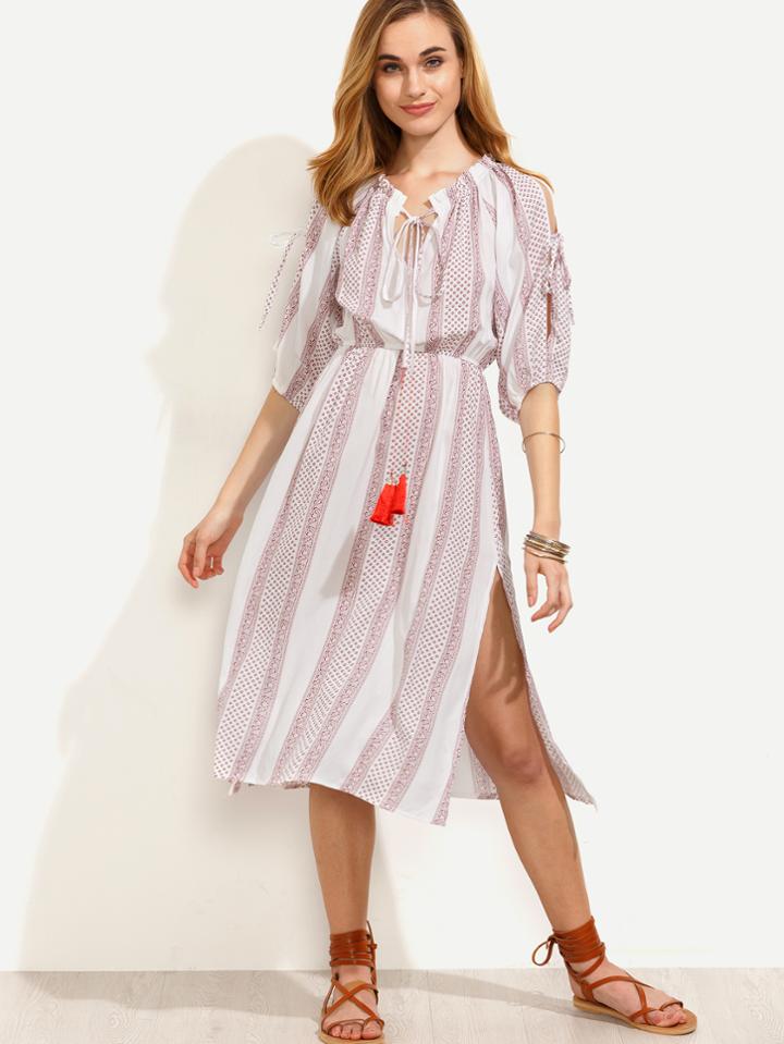 Shein White Vertical Striped Tie Neck Slit Sleeve Dress