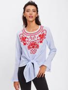 Shein Embroidered Front Knot Front Pinstripe Blouse