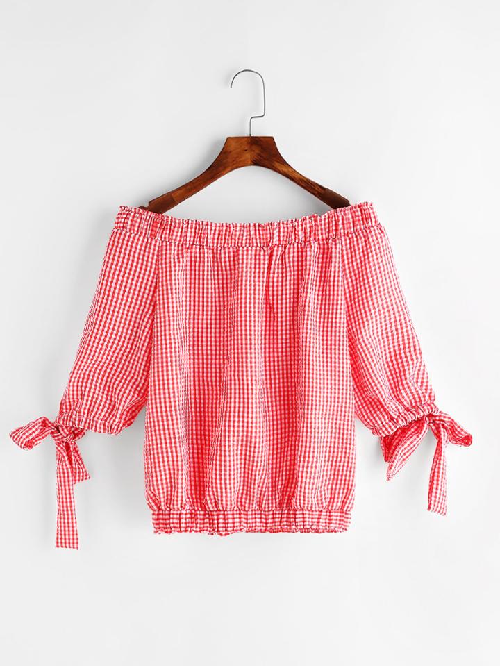 Shein Gingham Bardot Neckline Tie Sleeve Top