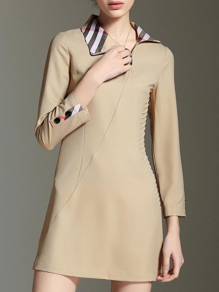 Shein Camel Lapel Pleated Shift Dress