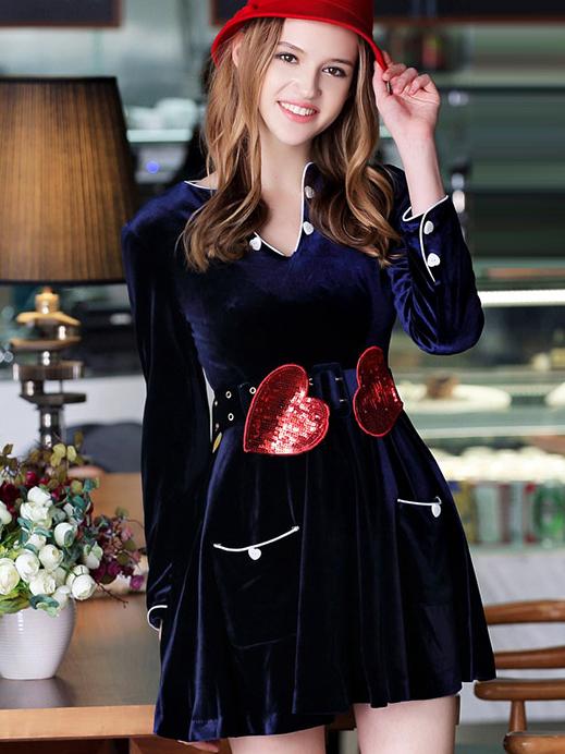 Shein Navy V Neck Long Sleeve Drawstring Pockets Sequined Dress