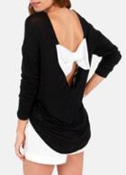 Rosewe Pretty V Neck Long Sleeve Bow Decoration Black T Shirts