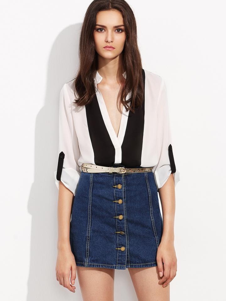 Shein Black And White V Neck Roll Up Sleeve Blouse