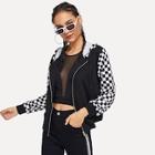 Shein Plaid Panel Zip Up Hooded Jacket