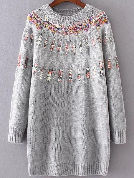 Shein Grey Ribbed Trim Chunky Jacquard Sweater