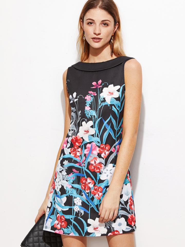 Shein Black Flower Print Shawl Collar V Back Dress