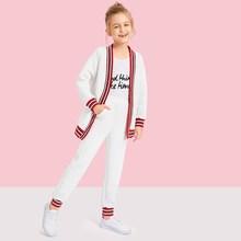 Shein Girls Striped Trim Textured Coat & Pants Set