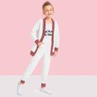 Shein Girls Striped Trim Textured Coat & Pants Set