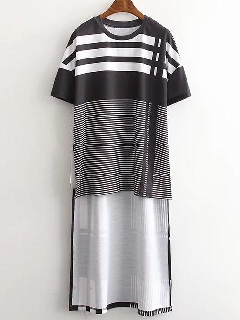 Shein Black And White Stripe High Low T-shirt