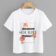 Shein Flower And Letter Print Tee