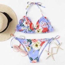 Shein Flower Print Frill Self Tie Bikini Set