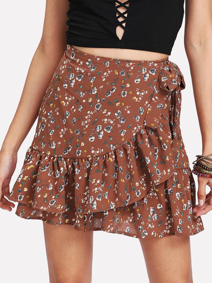 Shein Tiered Ruffle Trim Wrap Skirt
