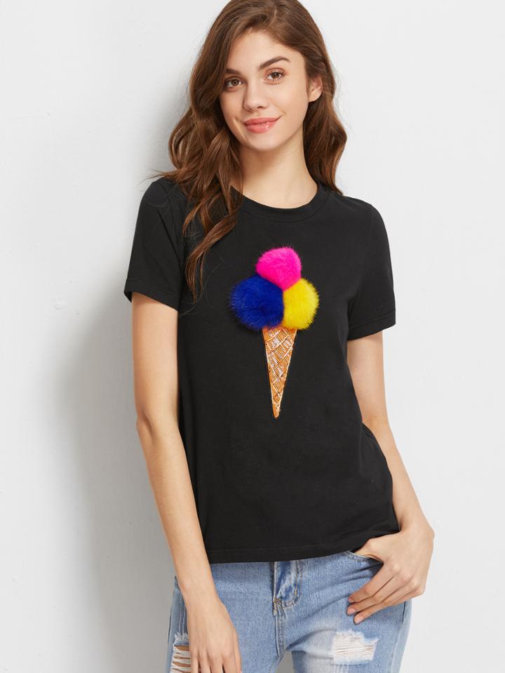 Shein Sequined Pom Pom Ice Cream T-shirt