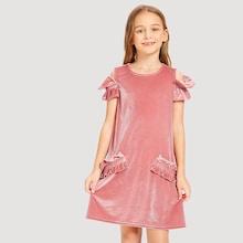 Shein Girls Zip Back Cold Shoulder Frill Trim Dress