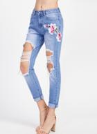 Shein Bleach Wash Blossom Embroidery Applique Destroyed Jeans