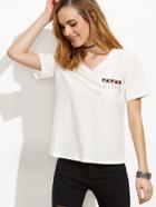 Shein White Beads Pocket V Neck Short Sleeve T-shirt